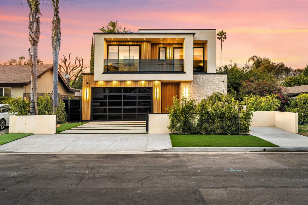 Modern two-story house at sunset