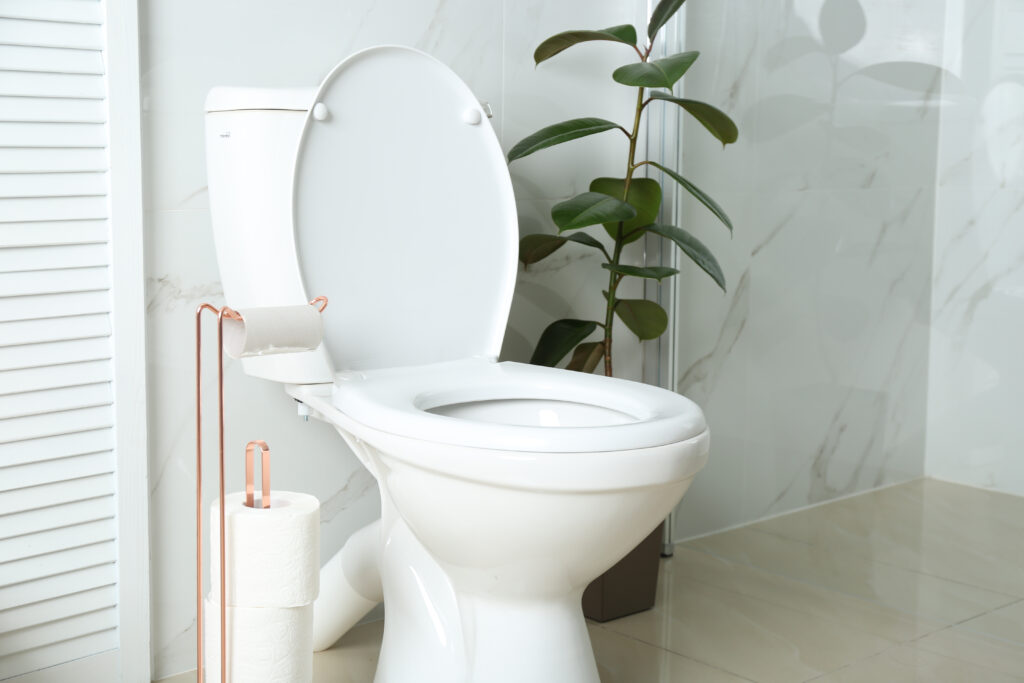 Holder with toilet paper rolls in bathroom