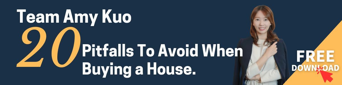 A promotional banner for Team Amy Kuo offering a free download titled "20 Pitfalls To Avoid When Buying a House," featuring a portrait of Amy Kuo.